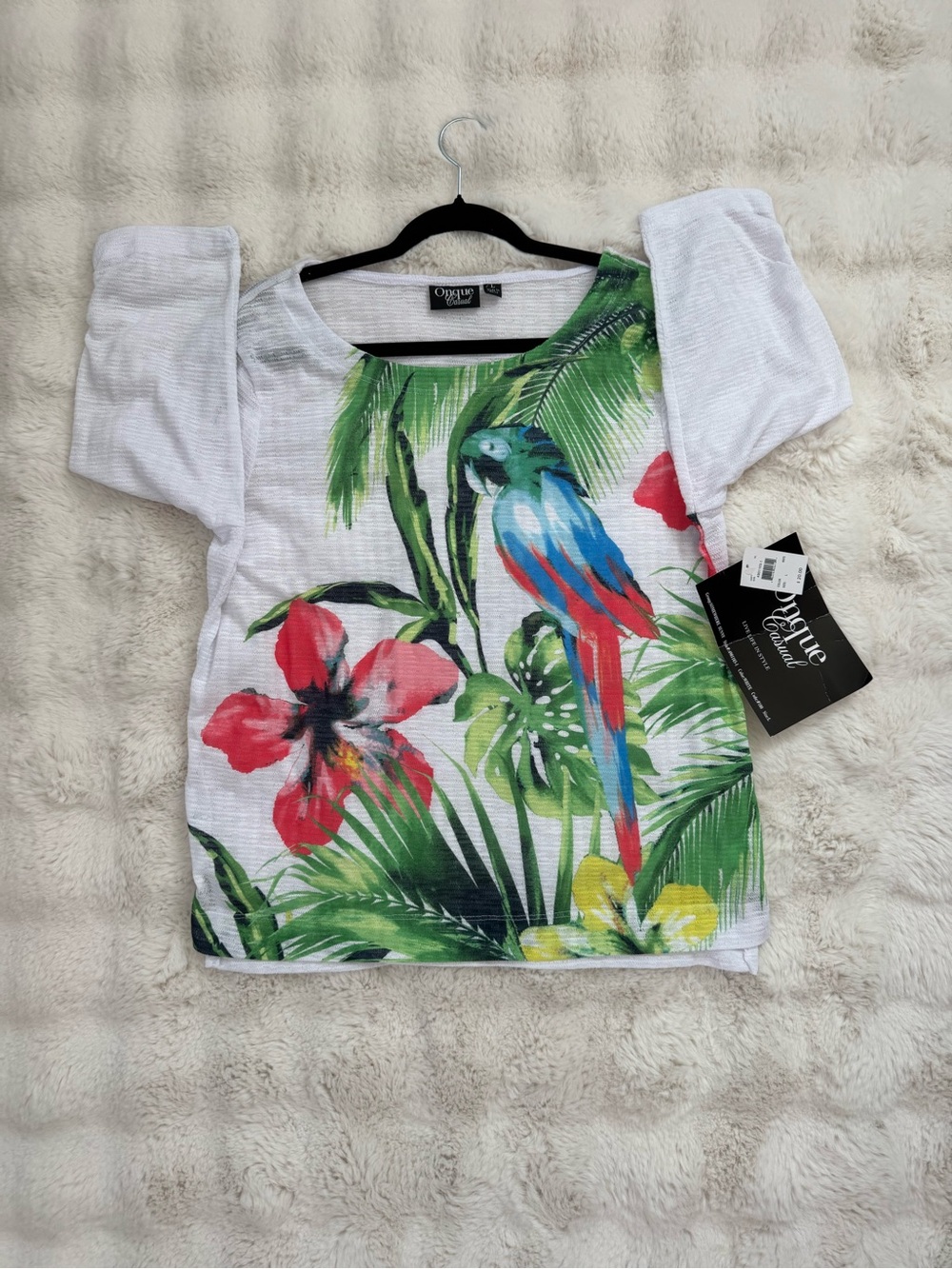 Onque Casuals White Top with Black Trim and Green Print - Picture 2 of 8